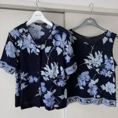 【上品】レオナール アンサンブル　半袖　タンクトップ　花柄　青のサムネイル