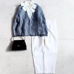 極美品【大きいサイズ2XL】ツイードパンツスーツ 3点セット ブラウス付 緑/白