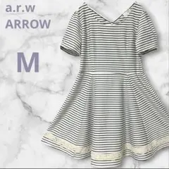 アロー ワンピース M ホワイト ブラック レース フレア ボーダー 伸縮性有のサムネイル