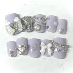 訳あり　ネイルチップ　紫　量産型　シズニルック　韓国　ワンホン　キラキラ　リボン