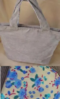 コーデュロイ トートバッグ グレージュ 花柄/コール天 小花 青 エコバッグ