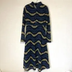 波模様レースワンピース ネイビー/イエロー