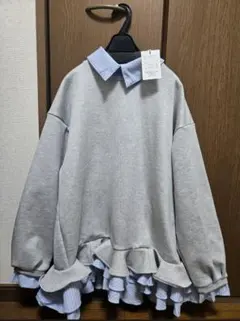 GRL ストライプ柄シャツレイヤード風フリルワンピース[kz708] グレー