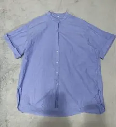 バンドカラー 半袖シャツ ブルー L