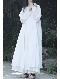 無地 シンプル 長袖 フレア ワンピース ビッグサイズ ロング丈II