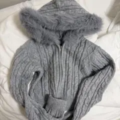 ファー ニット パーカー グレー 灰色