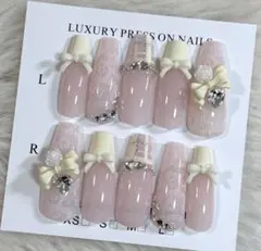 No.4-M】ネイルチップ ちゅるん 韓国 薔薇 リボン ピンク ワンホン 花