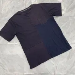 切り替えデザイン Tシャツ ブラック×ネイビー ポケット付き Lサイズ シンプル