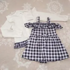 2点セット　110　ギンガムチェック　水着　ラッシュガード　黒　白　紺　肩出し