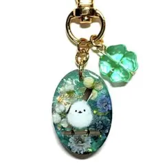 シマエナガ レジン チャーム ✱ ドライフラワー グリーン ×ドロップ