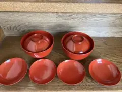 昭和30年代のイベントで使用,朱色漆器2セット(内訳/お椀2、蓋皿6）