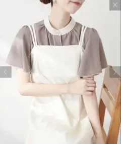 ナチュラルクチュール デザイン釦 配色 フレア ブラウス　シフォン 半袖