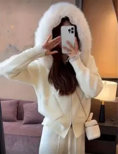 SHEIN フード付きセータージャケット ダブルジッパー