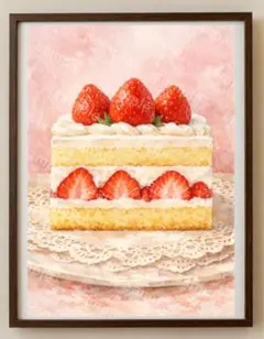 【水彩画アート】苺が微笑むケーキ 2L版写真用紙