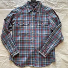 モンベル レディース ウール100% 青系チェック柄長袖シャツ