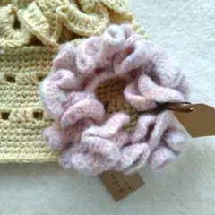 ハンドメイド 鍵編みフリルニットシュシュ ピンクマルチカラー新品