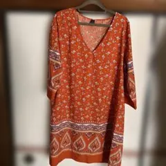 SHEIN 五分袖 チュニック 花柄 オレンジ XL