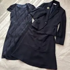 【エマジェイムス】3点セットツイードスーツ　ビジュー付ジャケット　ネイビー11号