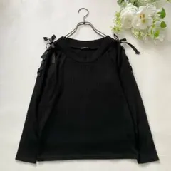 イング 肩リボン リブカットソー 長袖 ブラック ストレッチ M 春秋のサムネイル