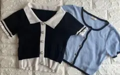 ブラックポロニット & 水色ショート丈ニット 韓国風/トップス 2枚セット 半袖