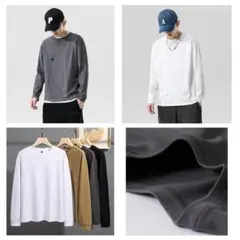 メンズ ロングスリーブ Tシャツ 無地 グレー　M