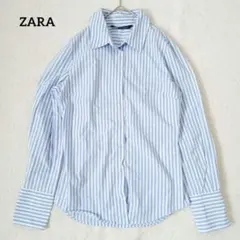 ザラ 長袖シャツ 青白 S ストライプ スリット カフス きれいめ オフィス