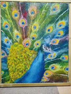 孔雀の油彩画 金色フレーム付き　手描き