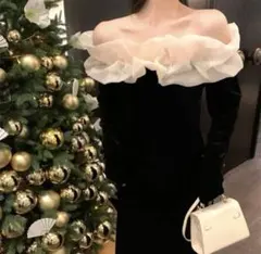 【フリル襟】ベロア調 ロングワンピース 黒 長袖 パーティー お呼ばれ　結婚式