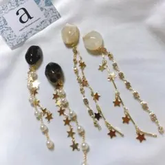 2249-2 ホワイト☺︎大理石風とパールビジュースターの2連チェーンピアス☺︎