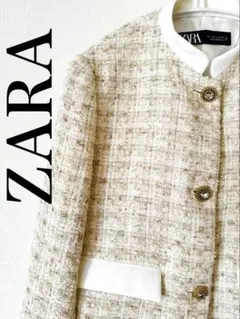 ZARA ザラ　ツイード　ジャケット　スタンドカラー　ノーカラー 金ボタン　S