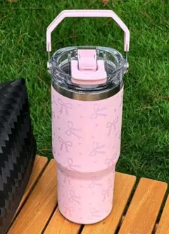 新品 大容量800ミリリットル リボン柄ピンクステンレスタンブラー