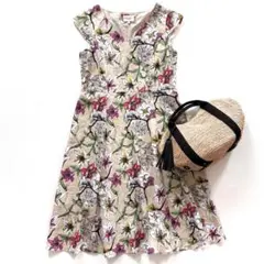 極美品♪ローラアシュレイ◆リネン花柄フレアワンピース　　フレンチスリーブ　17