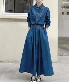 ATTENTION デニムブルー シャツワンピース 長袖　Ｌサイズ　新品タグ付き