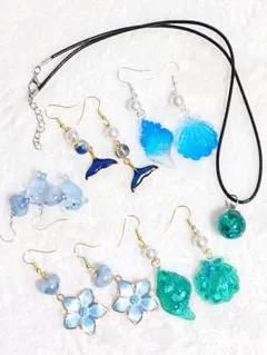 夏のオーシャンピアス＆ネックレス6点セット☆ブルー＆エメラルドグリーン、水色