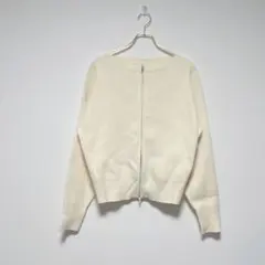 アイボリー リブ編み ジップアップ ニット カーディガン M