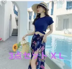 りりりりりりん様専用です。☆着痩せ半袖水着 XLsize☆ネイビー パレオ 3点