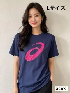 Lサイズ asics アシックス 半袖 Tシャツ ネイビー ピンク