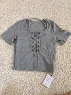 フロントレースアップ 半袖Tシャツ グレー Mサイズのサムネイル
