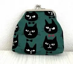 ハンドメイド　がま口財布　小銭入れ　小物入れ　緑　ブラックキャット　グリーン