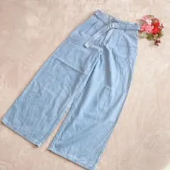 【GUジーユー】ウエストベルトデニムワイドパンツ ベルト付き ライトブルー M