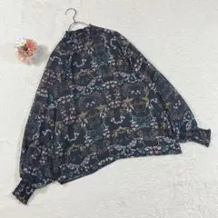極美品✨ ハイネック シアーブラウス 花柄 総柄 黒 後ろジップ 透け感
