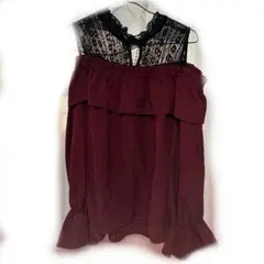 【即日発送】Pumpkin ダークレッド レース フリル オフショルダーシャツ