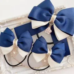 親子お揃い＊navy×white トリプルリボンのヘアゴム