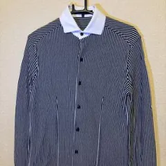 美品 デザインワークス ストライプ 長袖 ドレスシャツ 48 白 紺 アバハウス