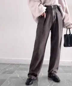 classical elf ハイウエストデニム＆チノ タックワイドパンツ グレー