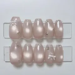 【現品】ネイルチップ 韓国風 マグネット シンプル リボン ピンク コーラル