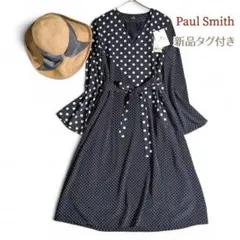 新品◎ポールスミス／定価4.3万円・大小ドット柄 Vネックロングワンピース 黒のサムネイル