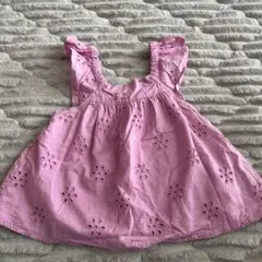 ピンク 花柄刺繍 フリル袖 トップス