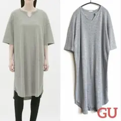 GU ワッフルキーネックTワンピース(5分袖)グレー M