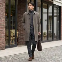 G5567*アーヴェヴェ☆ステンカラーコート☆チェック柄☆ブラウン☆ウール☆M